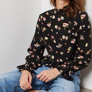 Topshop Floral Print High Neck Peplum Top Black